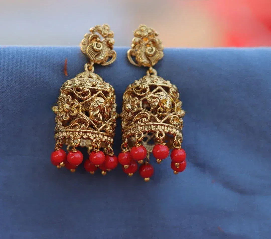 Peacock Elephant Jhumuka with Coral Beads